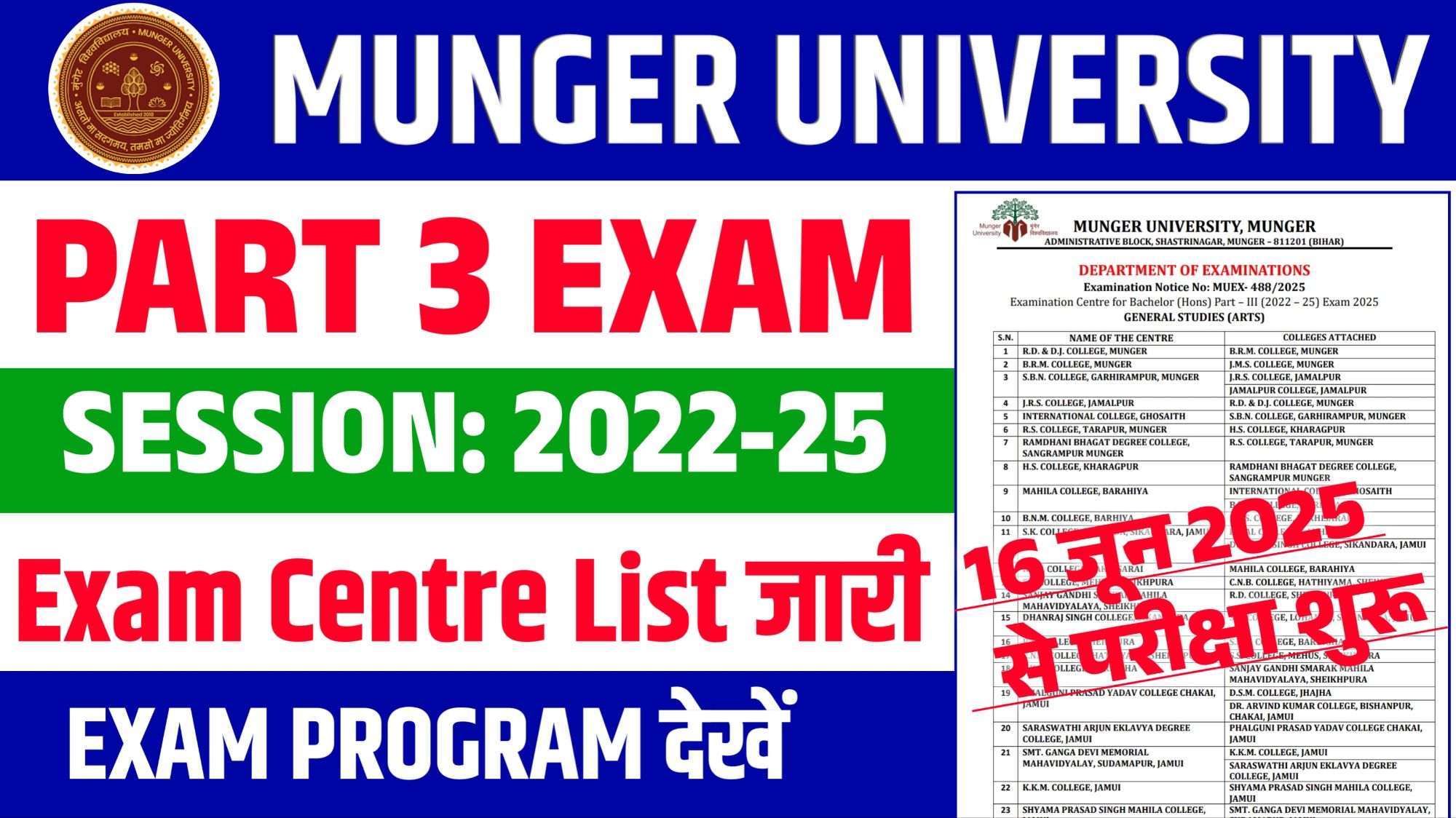 Munger University UG Part 3 Exam Centre List 2022-25